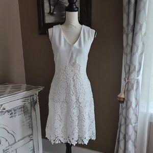 White Lace Bottom V-Neck Hi-Low Dress